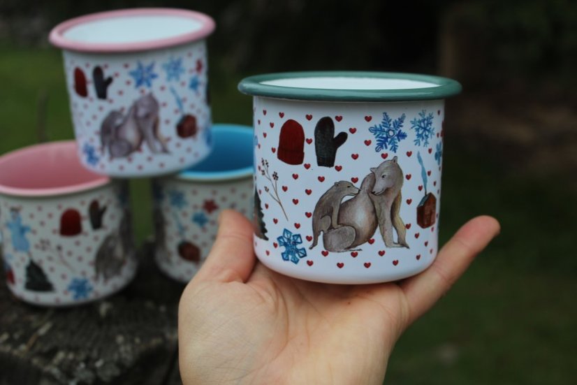 Plecháček Lední medvěd se srdíčky barevný lem - Barva: Mátový